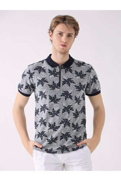 Navy blue leaf print polo shirt - 3