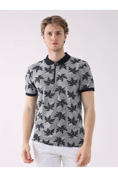 Navy blue leaf print polo shirt - 4