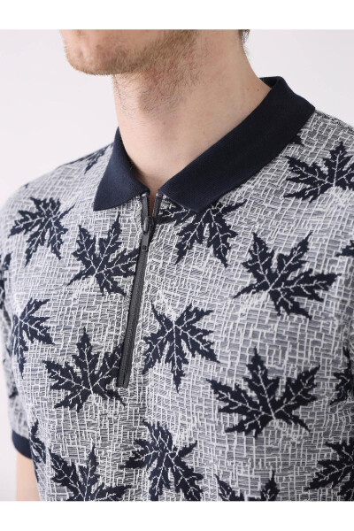 Navy blue leaf print polo shirt - 6