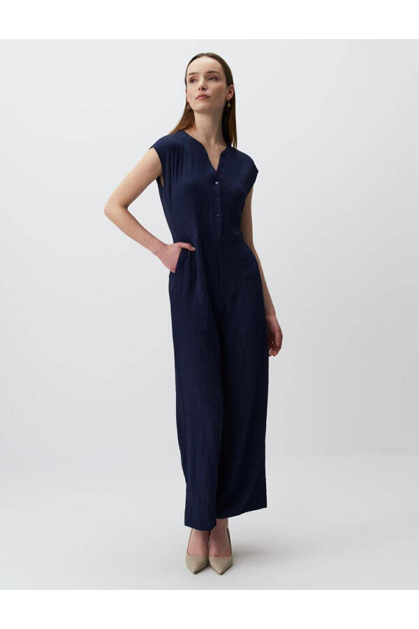 Navy Blue Loose Fit Plain Jumpsuit - 1