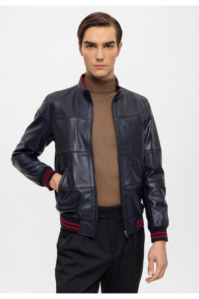 Navy Blue Martin Double-Sided Maroon Fabric Zippered Collar, Sleeve and Waist Knitted Men's Genuine Leather Jacket - 1