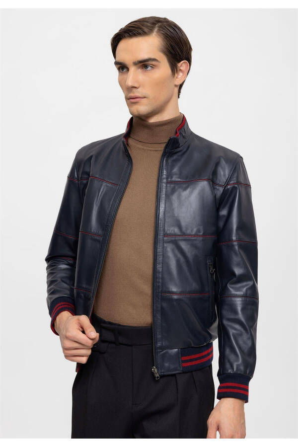 Navy Blue Martin Double-Sided Maroon Fabric Zippered Collar, Sleeve and Waist Knitted Men's Genuine Leather Jacket - 3