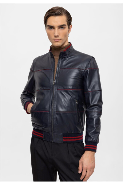 Navy Blue Martin Double-Sided Maroon Fabric Zippered Collar, Sleeve and Waist Knitted Men's Genuine Leather Jacket - 4