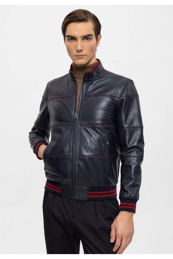 Navy Blue Martin Double-Sided Maroon Fabric Zippered Collar, Sleeve and Waist Knitted Men's Genuine Leather Jacket - 4