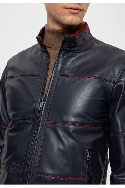 Navy Blue Martin Double-Sided Maroon Fabric Zippered Collar, Sleeve and Waist Knitted Men's Genuine Leather Jacket - 6