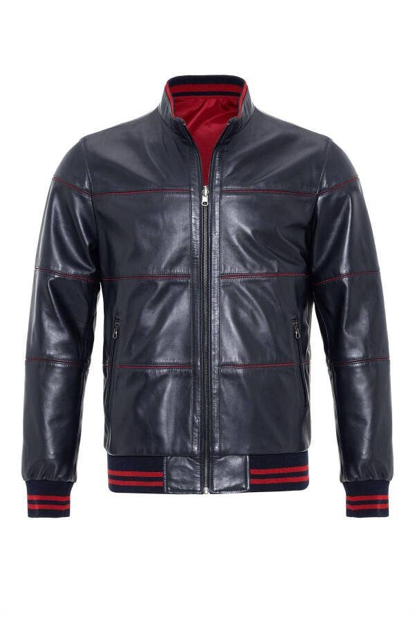 Navy Blue Martin Double-Sided Maroon Fabric Zippered Collar, Sleeve and Waist Knitted Men's Genuine Leather Jacket - 8