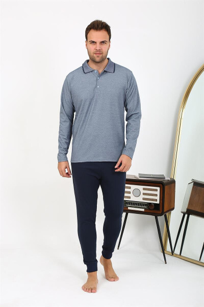 Navy blue men's long sleeve cotton pajama set. - 7