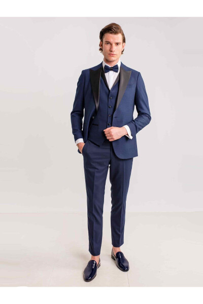 Navy Blue Men's Modern Fit Armored Single-Breasted Tuxedo Suit - 61307 - 14