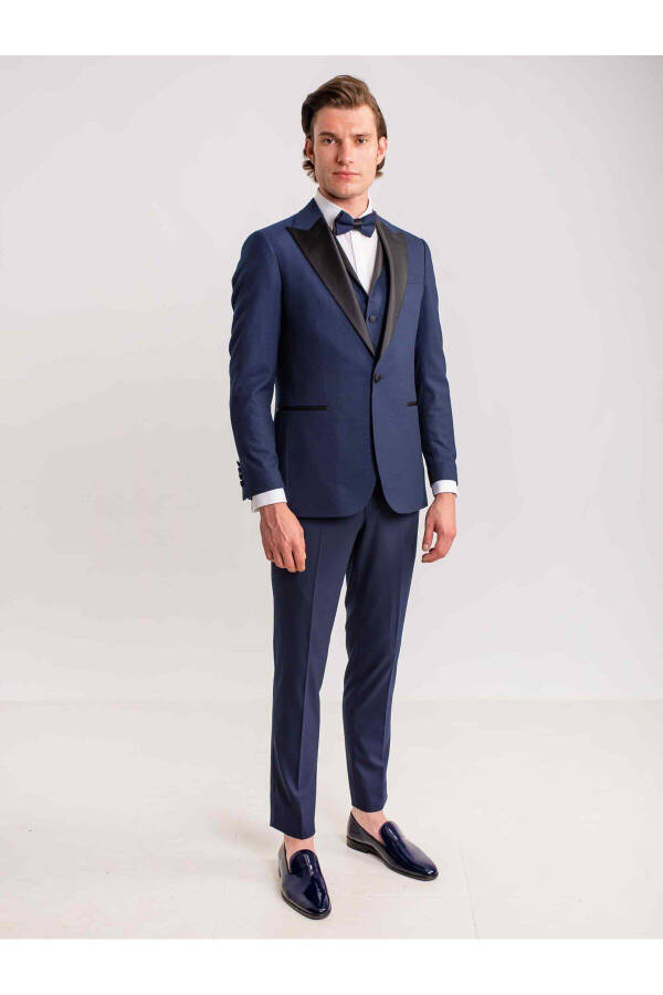 Navy Blue Men's Modern Fit Armored Single-Breasted Tuxedo Suit - 61307 - 15