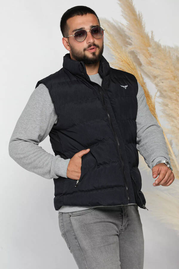 Navy blue men's quilted vest with embroidery details - 2