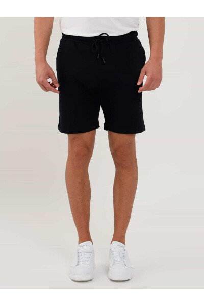 Navy Blue Men's Regular Fit Plain Casual Knit Shorts - 88543 - 1