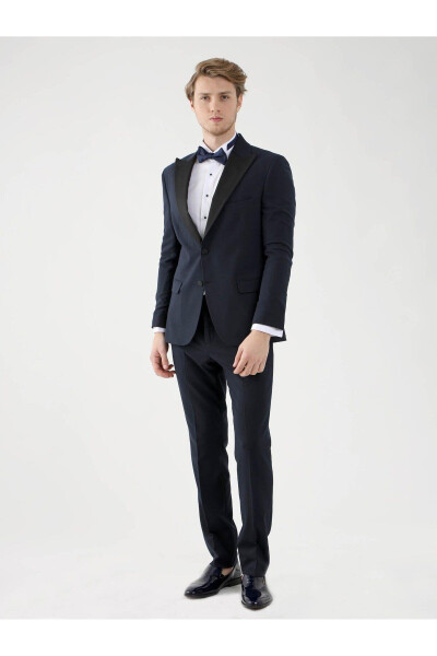 Navy Blue Men's Slim Fit Plain Pointed Collar Tuxedo Suit - 92401 - 5