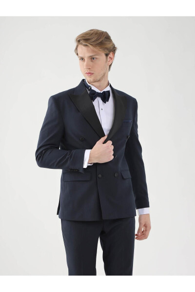 Navy Blue Men's Slim Fit Solid Point Collar Tuxedo Suit - 92385 - 8