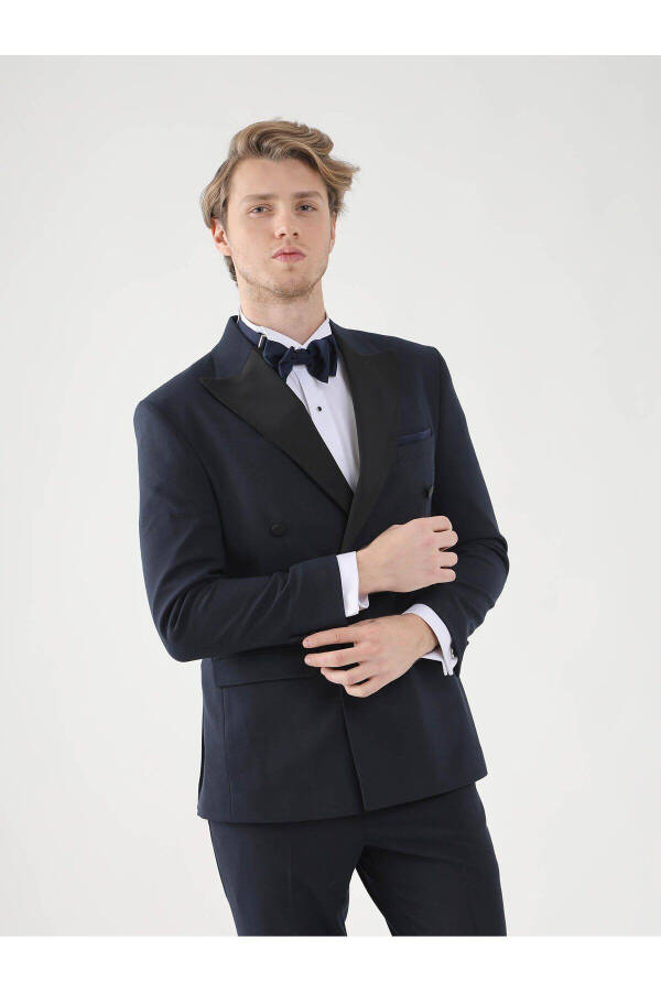 Navy Blue Men's Slim Fit Solid Point Collar Tuxedo Suit - 92385 - 3