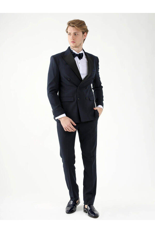 Navy Blue Men's Slim Fit Solid Point Collar Tuxedo Suit - 92385 - 5