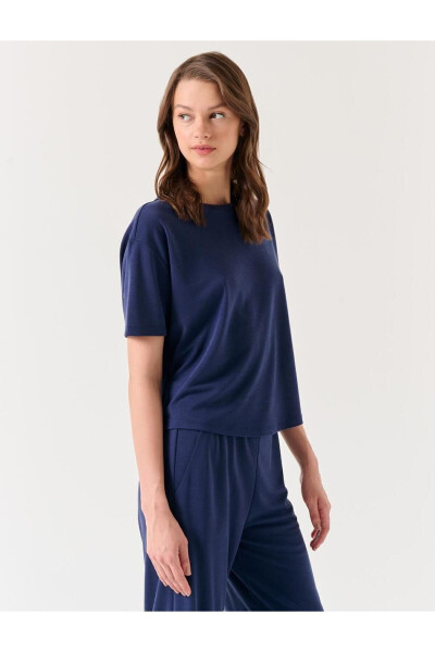 Navy Blue Oversized Short Sleeve Crew Neck Knit T-Shirt - 17