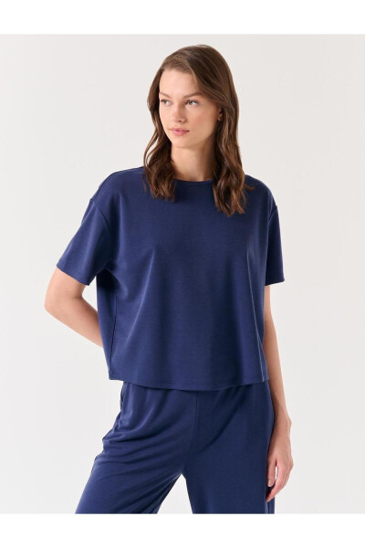 Navy Blue Oversized Short Sleeve Crew Neck Knit T-Shirt - 19