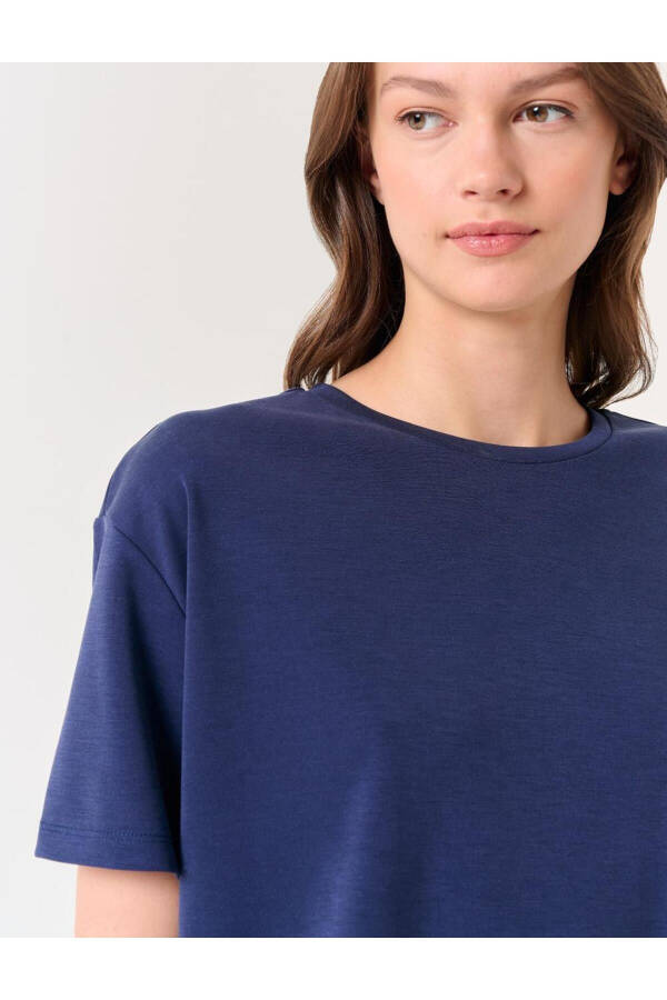 Navy Blue Oversized Short Sleeve Crew Neck Knit T-Shirt - 4