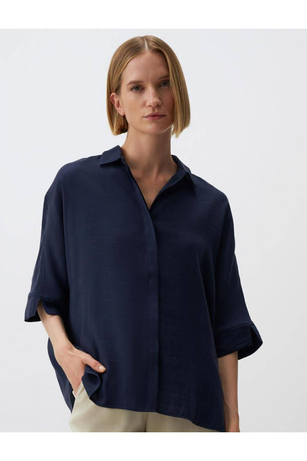 Navy Blue Oversized Truvkar Shirt with Slit Sleeves - 13