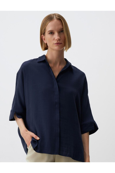 Navy Blue Oversized Truvkar Shirt with Slit Sleeves - 7