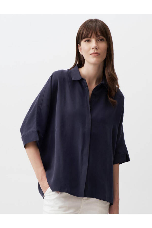 Navy Blue Oversized Truvkar Shirt with Slit Sleeves - 19