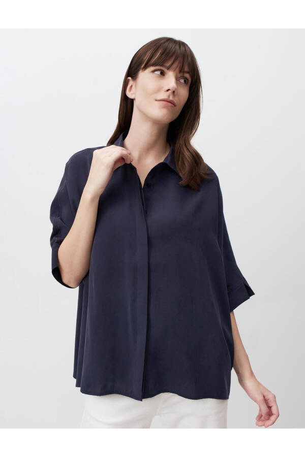 Navy Blue Oversized Truvkar Shirt with Slit Sleeves - 20