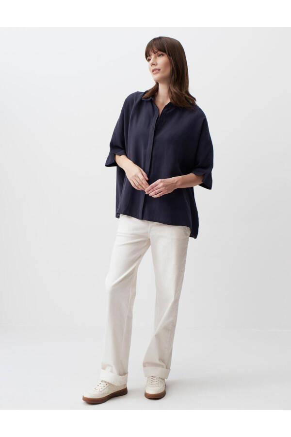 Navy Blue Oversized Truvkar Shirt with Slit Sleeves - 22