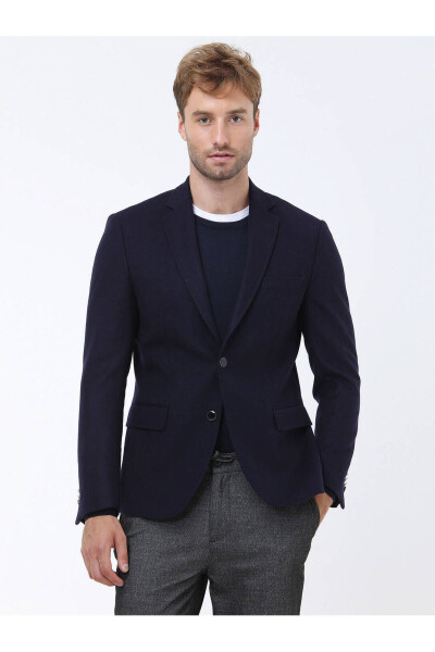 Navy Blue Plain Regular Fit Wool Blend Jacket - 1