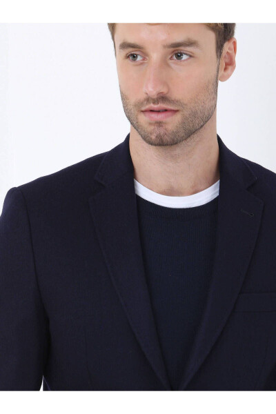 Navy Blue Plain Regular Fit Wool Blend Jacket - 3