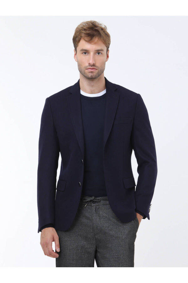 Navy Blue Plain Regular Fit Wool Blend Jacket - 4