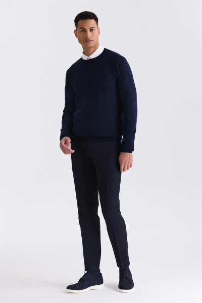 Navy Blue Regular Fit Crew Neck Knit Sweater - 2