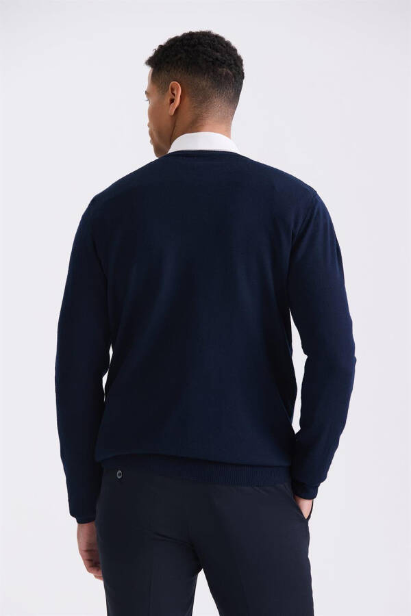 Navy Blue Regular Fit Crew Neck Knit Sweater - 4