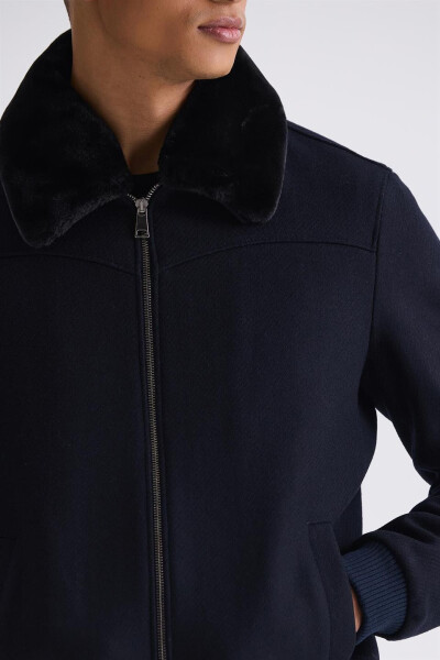 Navy Blue Regular Fit Detachable Fur Collar Elastic Wool Coat - 3