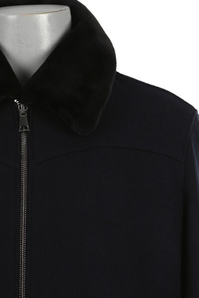 Navy Blue Regular Fit Detachable Fur Collar Elastic Wool Coat - 6