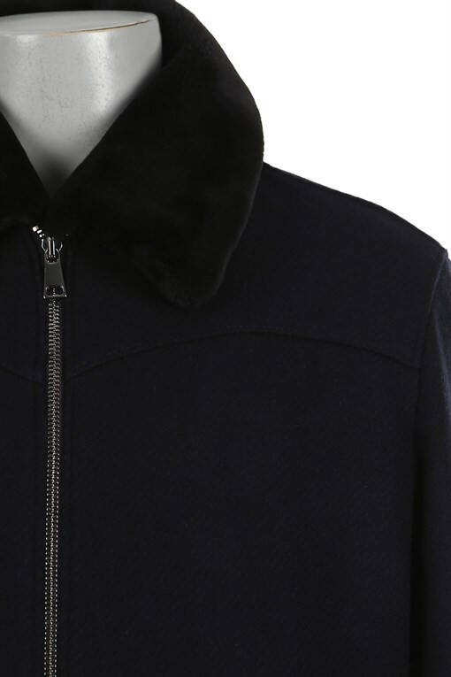 Navy Blue Regular Fit Detachable Fur Collar Elastic Wool Coat - 6