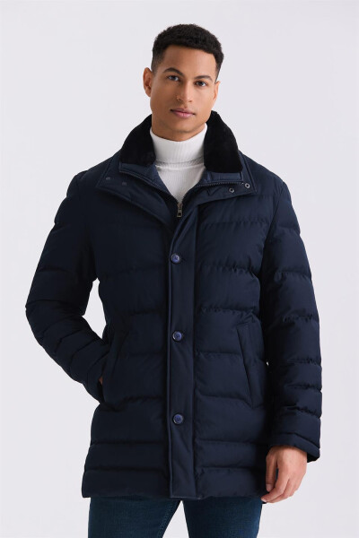 Navy Blue Regular Fit Fur Collar Buttoned Puffer Jacket - 1