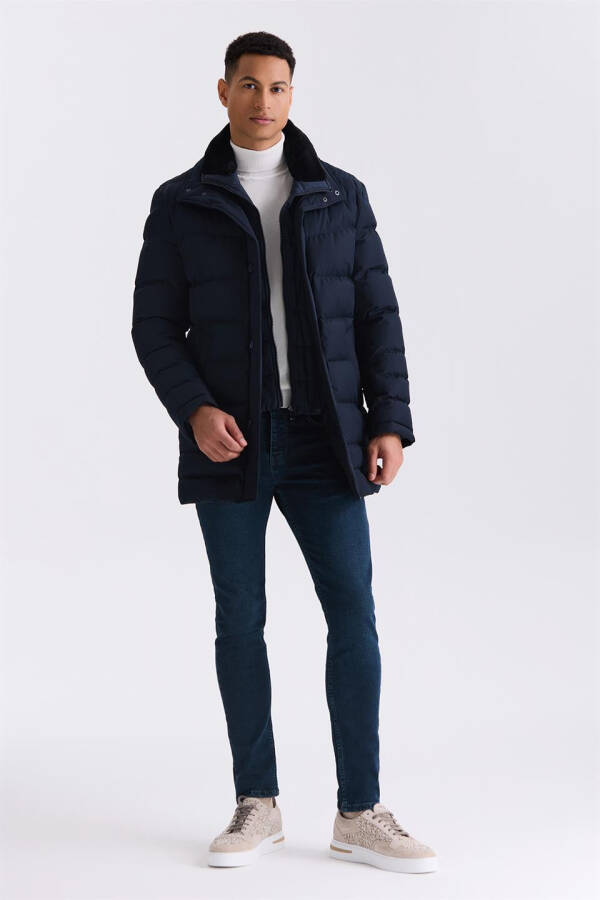 Navy Blue Regular Fit Fur Collar Buttoned Puffer Jacket - 2