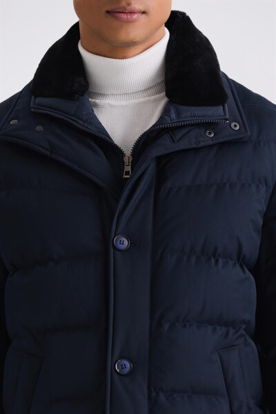 Navy Blue Regular Fit Fur Collar Buttoned Puffer Jacket - 3