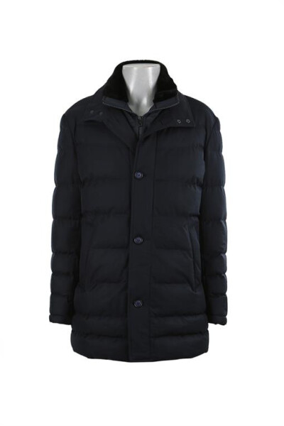 Navy Blue Regular Fit Fur Collar Buttoned Puffer Jacket - 5