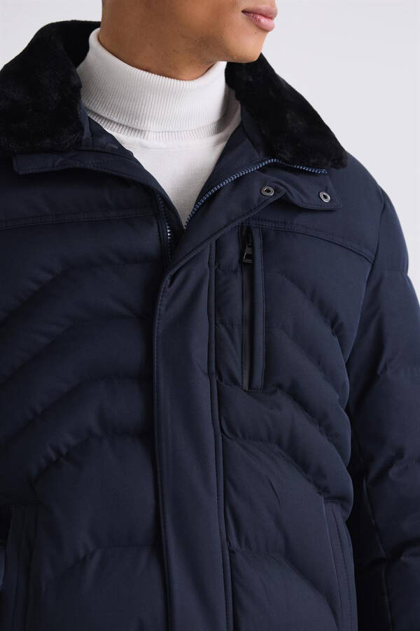 Navy Blue Regular Fit Fur Collar Winter Coat - 3