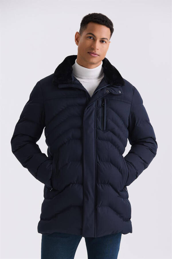 Navy Blue Regular Fit Fur Collar Winter Coat - 1