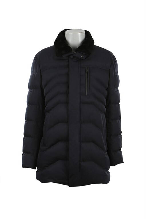 Navy Blue Regular Fit Fur Collar Winter Coat - 5