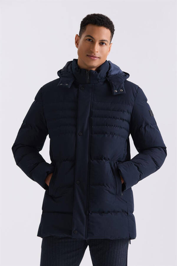 Navy Blue Regular Fit Mandarin Collar Hidden Zipper Puffer Jacket - 1