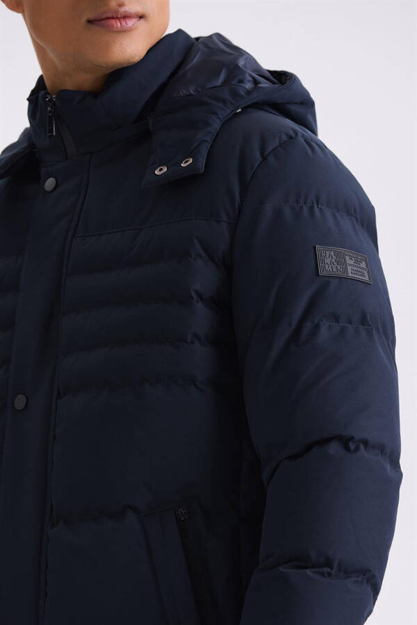 Navy Blue Regular Fit Mandarin Collar Hidden Zipper Puffer Jacket - 3