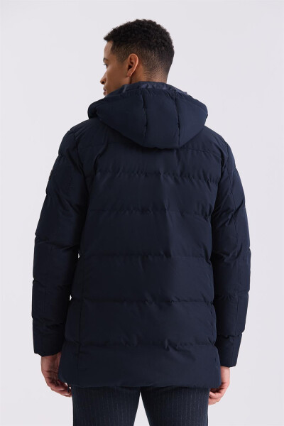 Navy Blue Regular Fit Mandarin Collar Hidden Zipper Puffer Jacket - 4