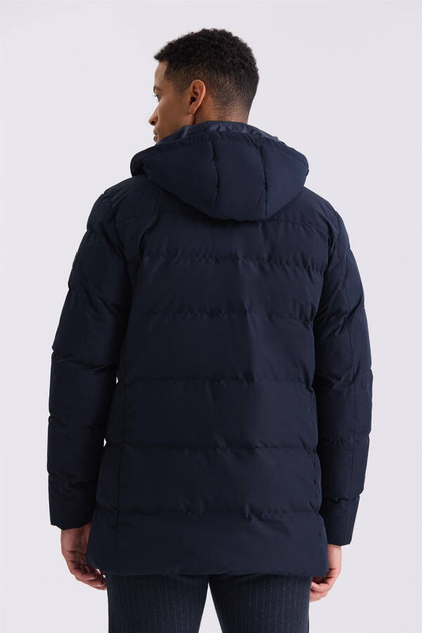 Navy Blue Regular Fit Mandarin Collar Hidden Zipper Puffer Jacket - 4