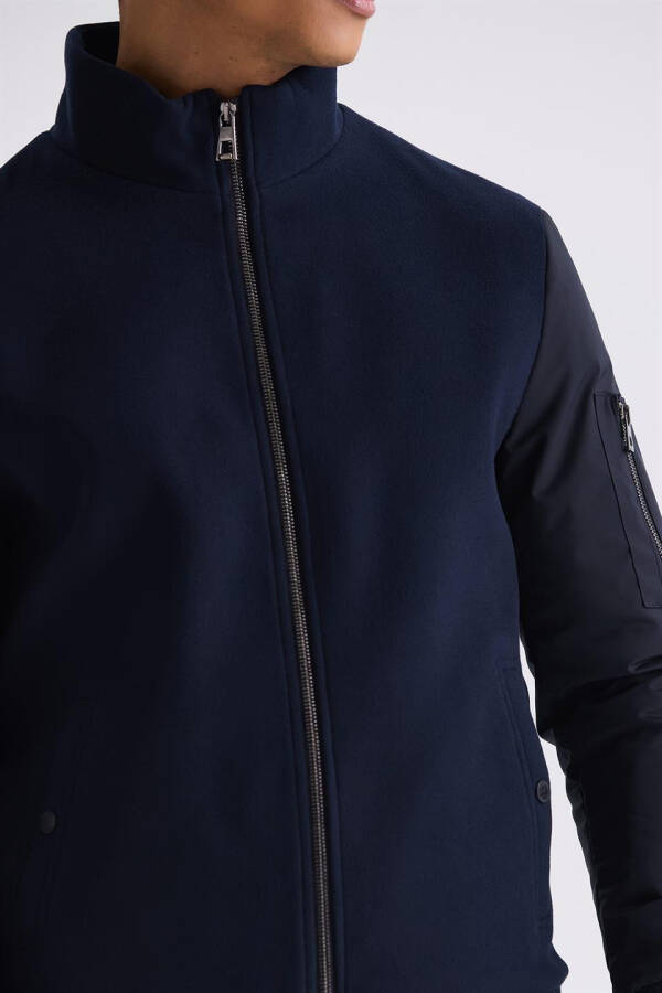 Navy Blue Regular Fit Mandarin Collar Zippered Winter Jacket - 3