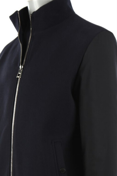 Navy Blue Regular Fit Mandarin Collar Zippered Winter Jacket - 6