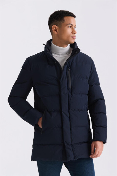 Navy Blue Regular Fit Mandarin Collar Zippered Winter Puffer Jacket - 1