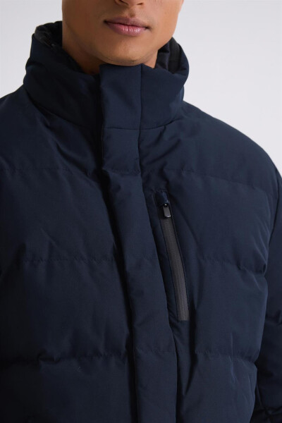 Navy Blue Regular Fit Mandarin Collar Zippered Winter Puffer Jacket - 3